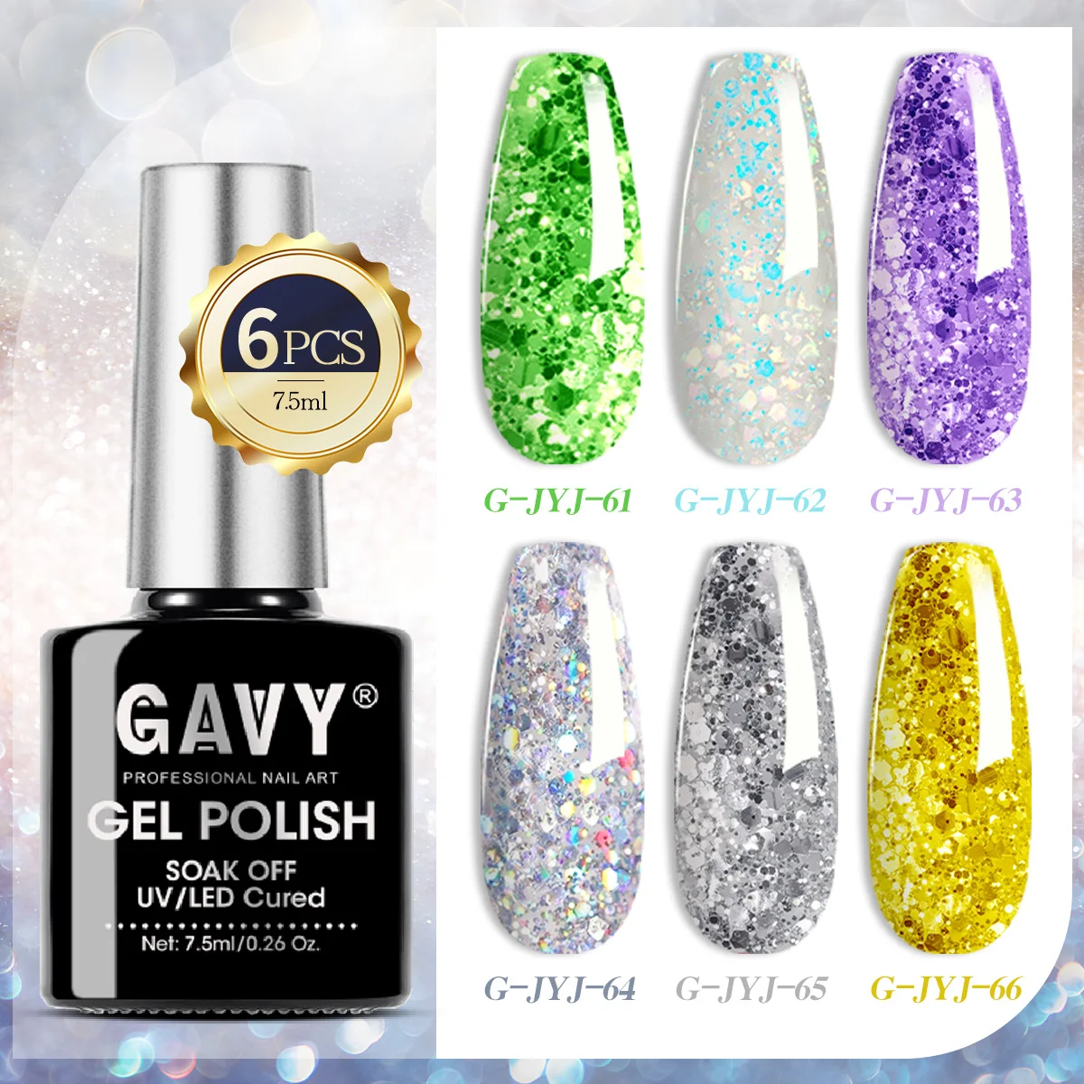 GAVY 6Pcs Luxury Glitter Sequins Gel Nail Polish Set Premium Salon Grade Soak Off UV LED Nail Gel Shiny Sparkly Long Lasting Semi Permanent Manicure Varnish Gift Kit For Party Wedding Nail Art