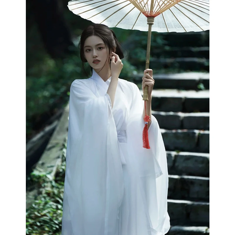 

Cold Women's Han Chinese Clothing White Adult Costume Wide Sleeve Flow Skirt Daily Guzheng Performance