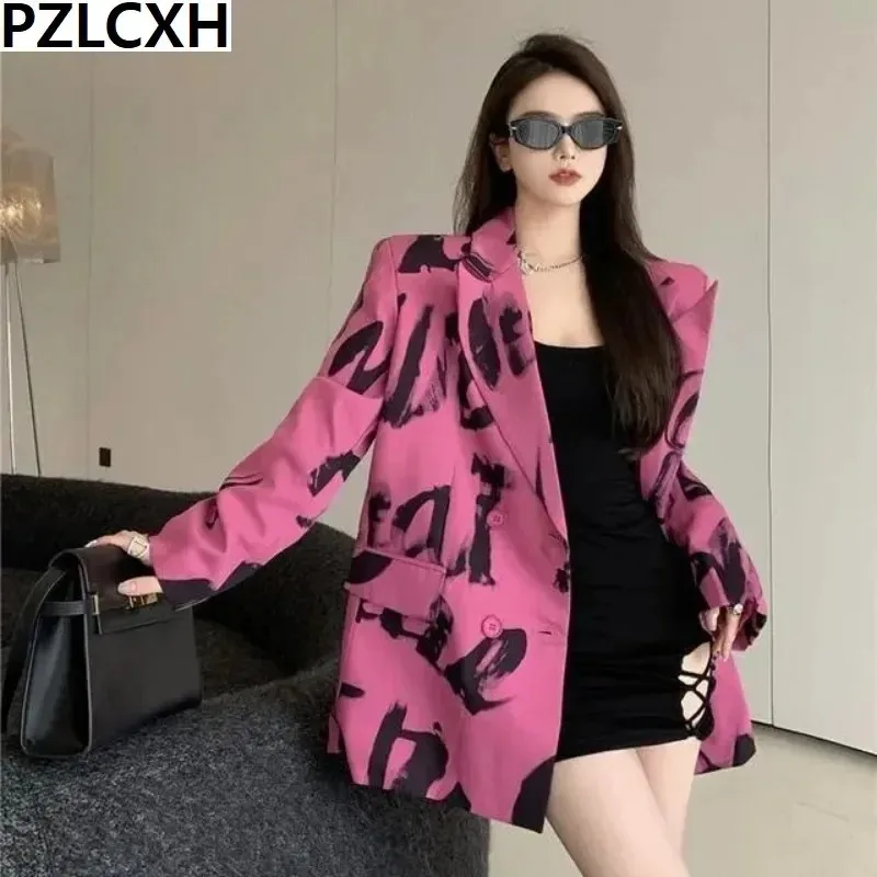 2023 New Small Suit Woman Spring Autumn Hong Kong Wind High-grade Sense of Long Relaxed Casual Fashion Letter Printed Coat Tide