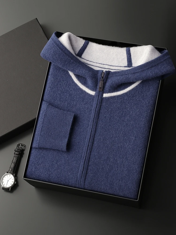 Thick Hooded Men Zippers Cashmere Sweater Cardigan Autumn Winter 100% Cashmere Knitwear Casual Long Sleeve Warm Soft Pockets Top 4