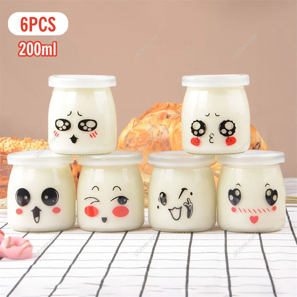 6pcs 150ml 200ml Cartoon Glass Jars with Lids for Yogurt DIY Milk  High Temperature Pudding Bottle Jelly Cups Kitchen Supplies 2
