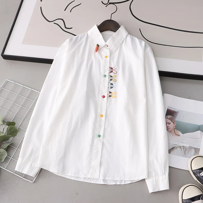 

Placket Bunny Embroidery Colorful Buckle Shirt Women Clothing White Color Long Sleeved Female Sweet Show Thin Blouse Tops U224