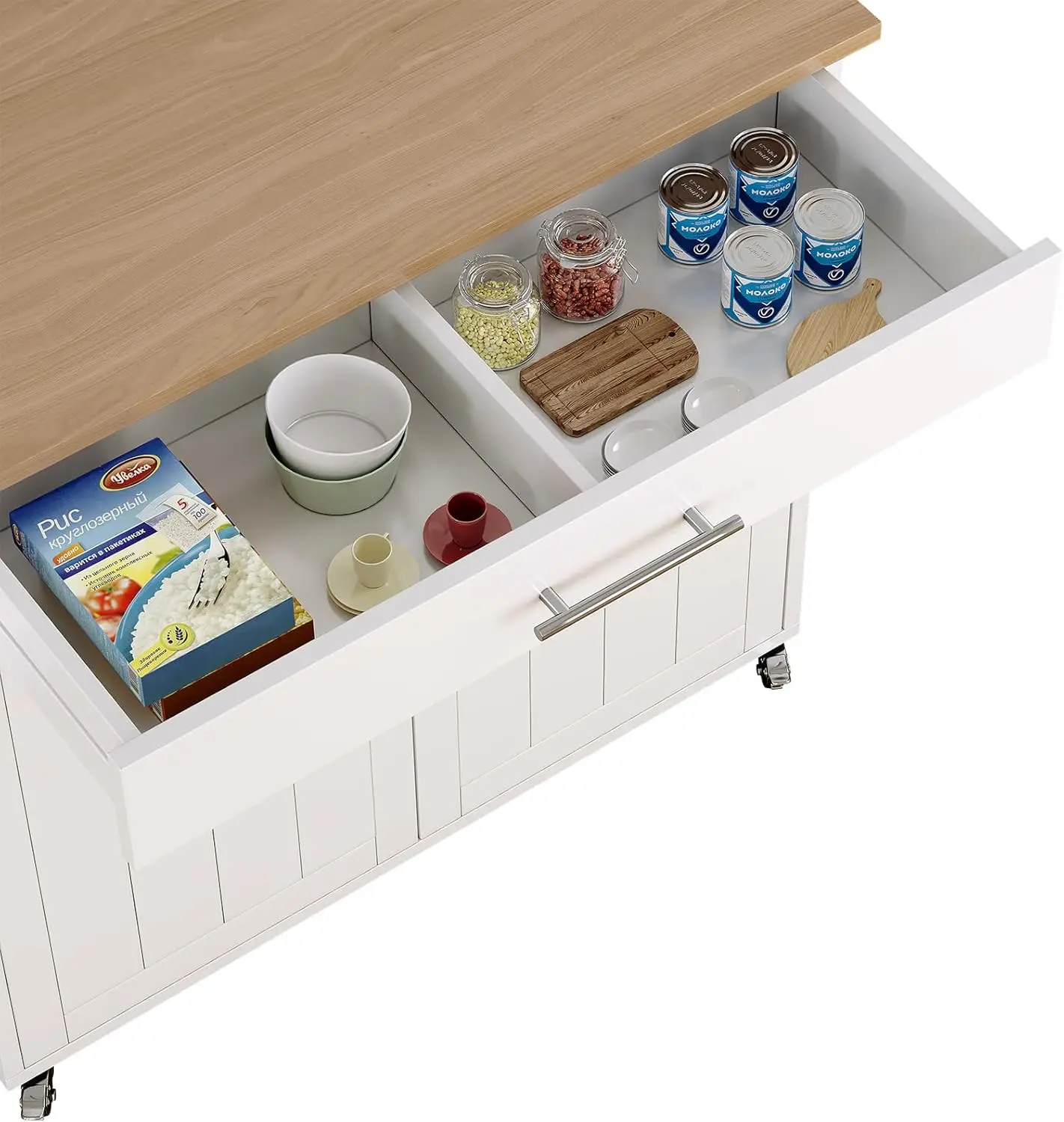 Storage Island, Wooden Rolling Kitchen Island On Wheels with Wood Top, Mobile Kitchen Island Cart with Towel Rack, Spice