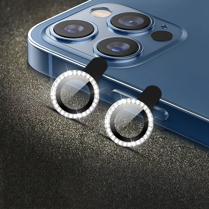 

50Pcs/Lot Diamond Glitter Camera Lens Protector On For iPhone 13 12 11 Pro Max Mini Ring Len Glass Protective Cover