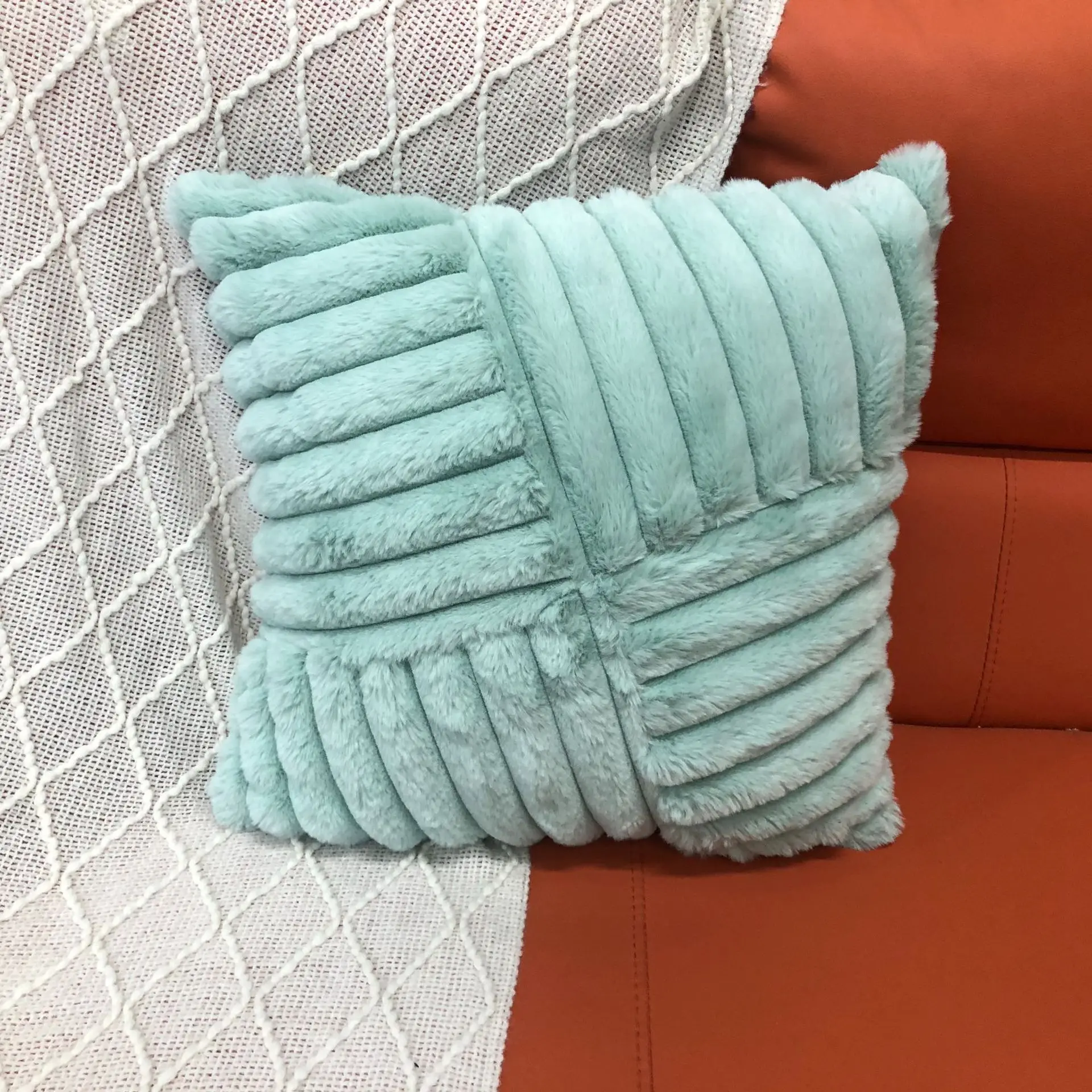 45x45cm Winter Kaninchen Fleece Gestreiften Kissenbezug Cojines Decor Hause Einfarbig Sofa Kissen Abdeckung Kopfteil Kissenbezüge – Detail 11