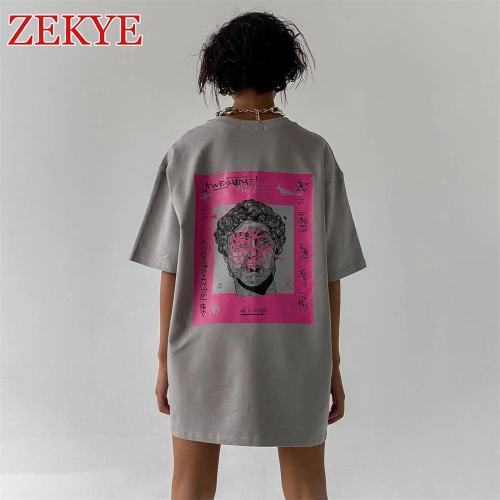 

Zekye Loose Streetwear Summer Tee Shirts Women Printed Chic Oversized Tshirt Grey Aesthetic Long Basic Top 90S Korean Cotton