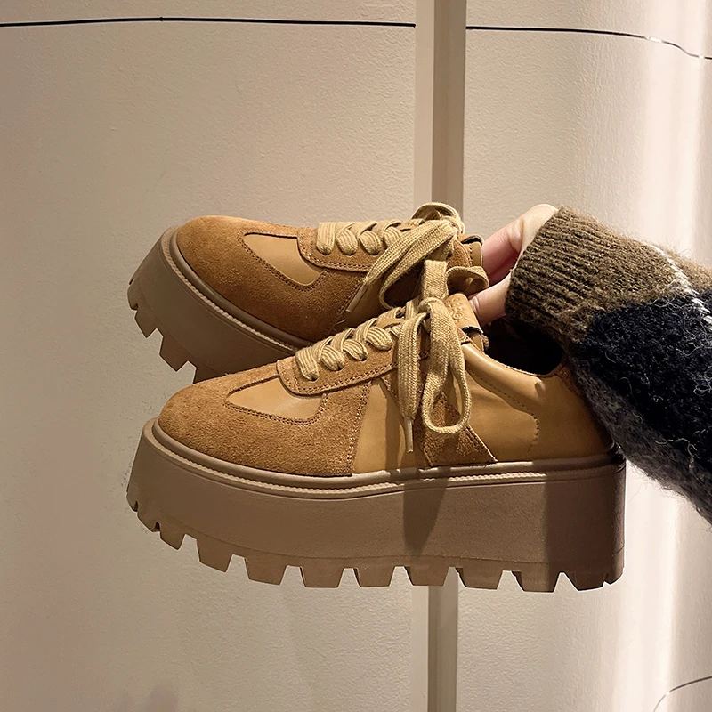 Aphixta Women Casual Sneaker Boots Shoes Woman Lace Up Platform Height Increasing Modern Boot Chunky Sole Khaki Ankle Boots