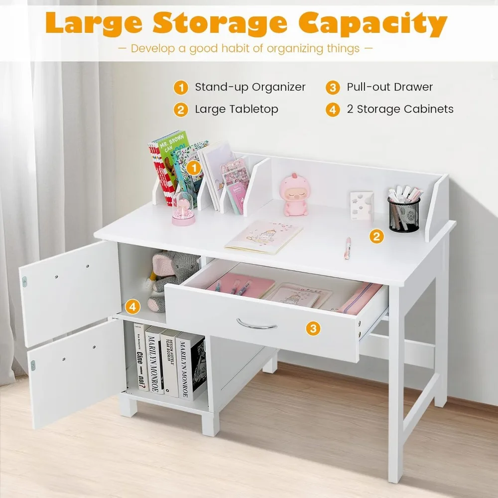 Kids Desk and Chair Set, Children Wooden School Learning Table w/Drawer & Storage Cabinets, Student Writing Computer Workstation 4