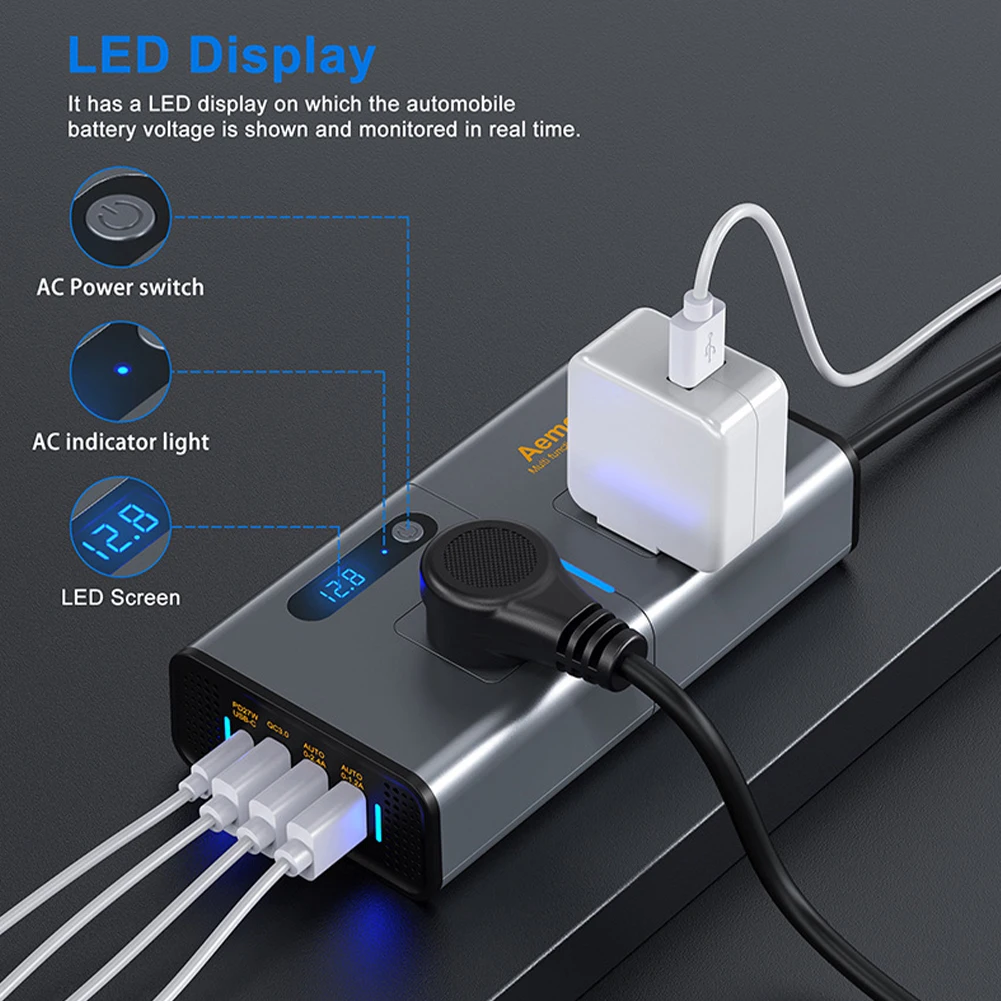 

200W Power Inverter Sinewave 12V DC to 110V AC Inverter Adapter with 4 USB Ports Fast Charging LCD Display Power Transformer