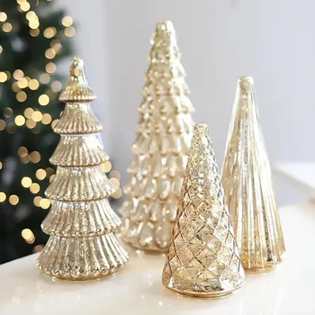 5pcs Set 3D Printed Glass Christmas Tree Decor with/without LED Lights Glass Tabletop Ornament for Holiday Party Home Decor
