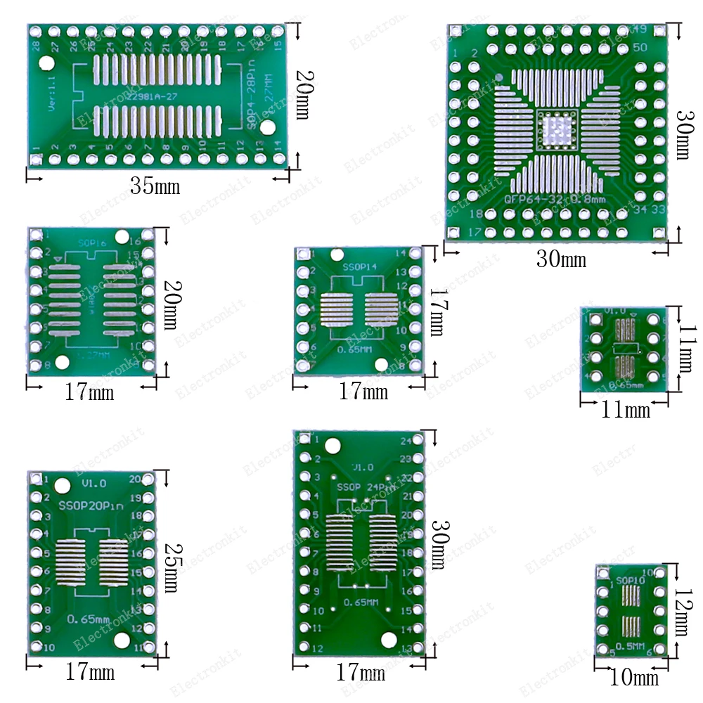 PCB Board Assembly, Printed Circuit Board, 40pcs 8Value PCB Board sets SMD Turn To DIP Adapter Converter Plate SOP8-SOP28 TQFP32-100