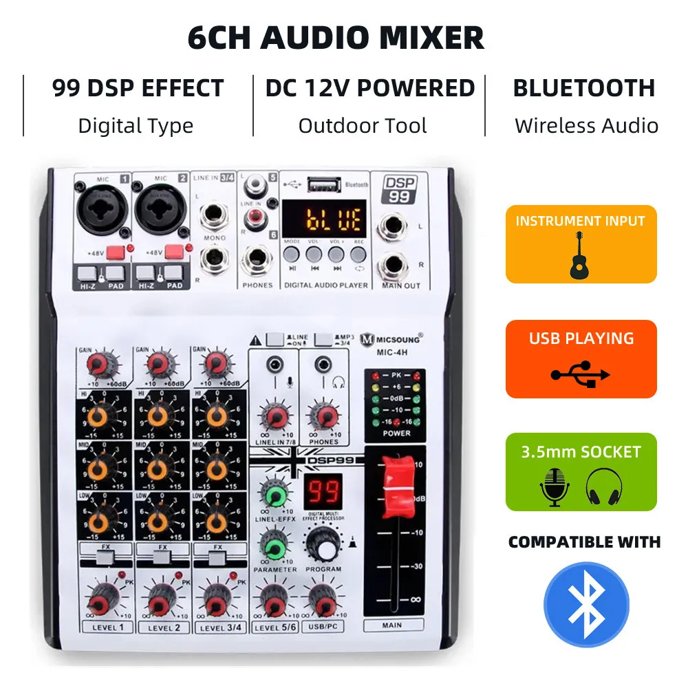 

USB 6 Channels 99 DSP Portable Audio Mixer Sound Desk Guitar Bass Musical Intrument Mic Signal Line In Out Hub Mixing Console Dj