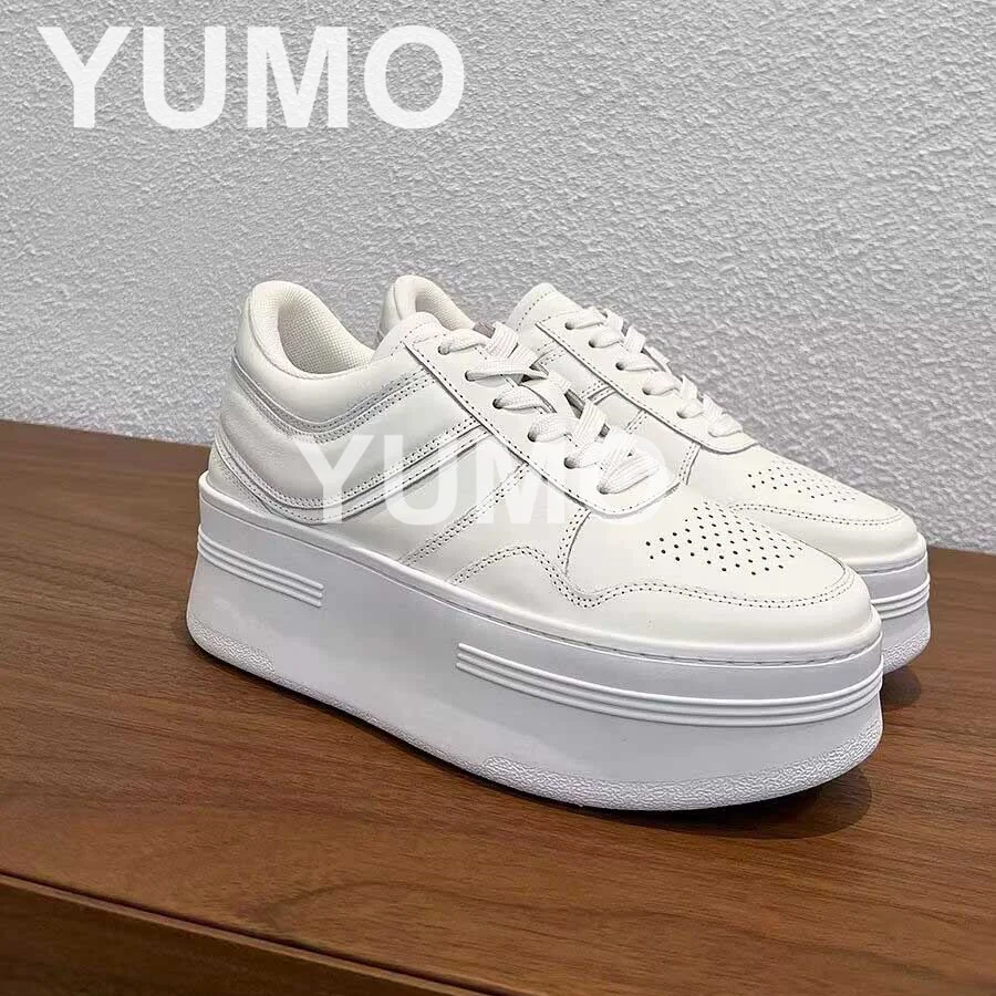 

Women Genuine Leather Small Whitee Shoes Flat Platform Sports Leisure Designer Round Toe Lace Up Sneakers Height Increased