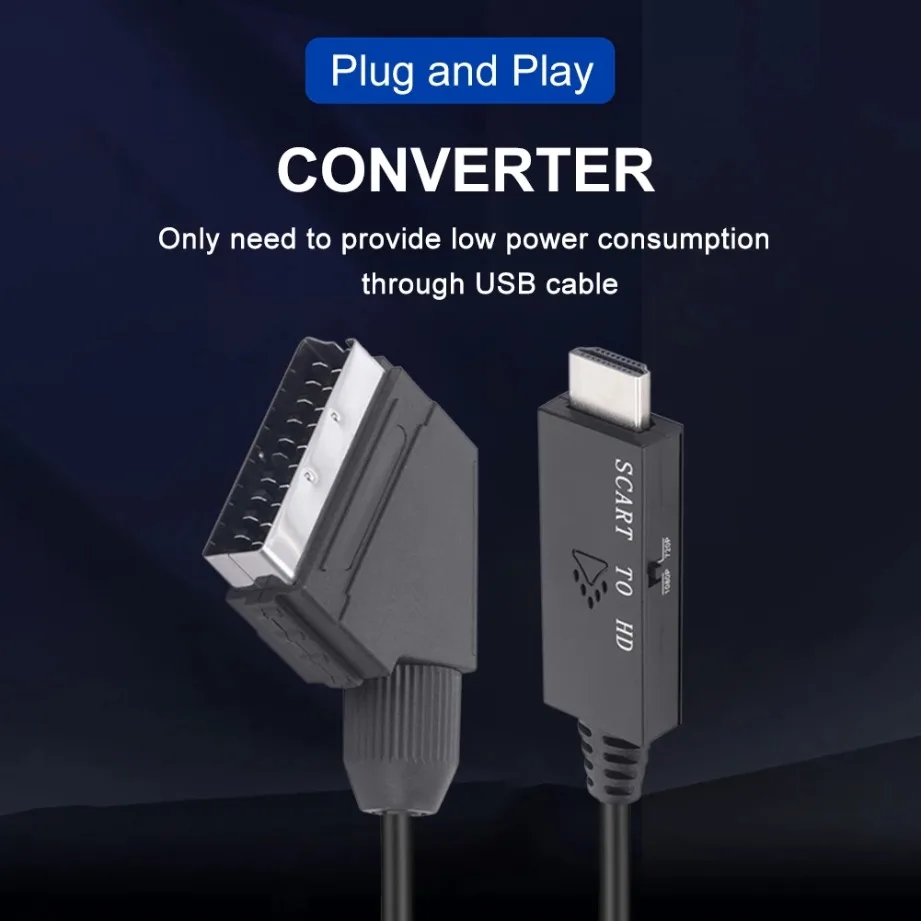 SCART to HDMI-Compatible Converter Cable 1080P SCART in HDMI Out HD 720P/1080P Switch Video Audio Converter Adapter for HDTV/BOX