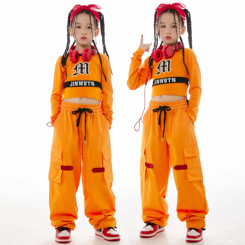 

Children Jazz Dance Costume Girls Hip Hop Clothes Long Sleeves Orange Tops Pants Suit Concert Stage Performance Clothing BL11891