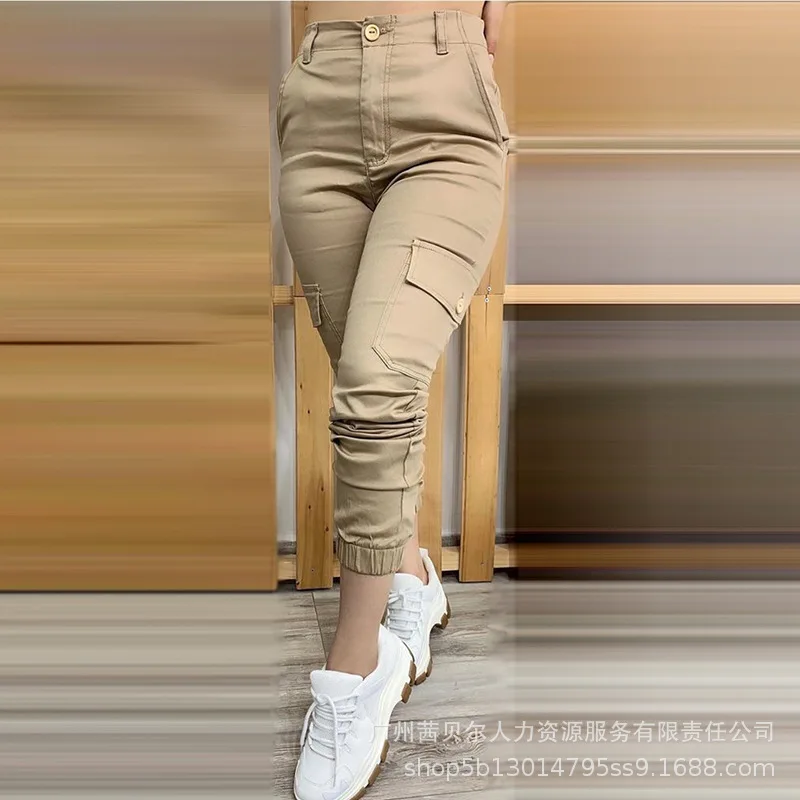 

Women's Workwear Pants Summer Solid Color Buttons Pocket Stitching Pants Women's Casual Zipper High Waist Pencil Pants Trousers