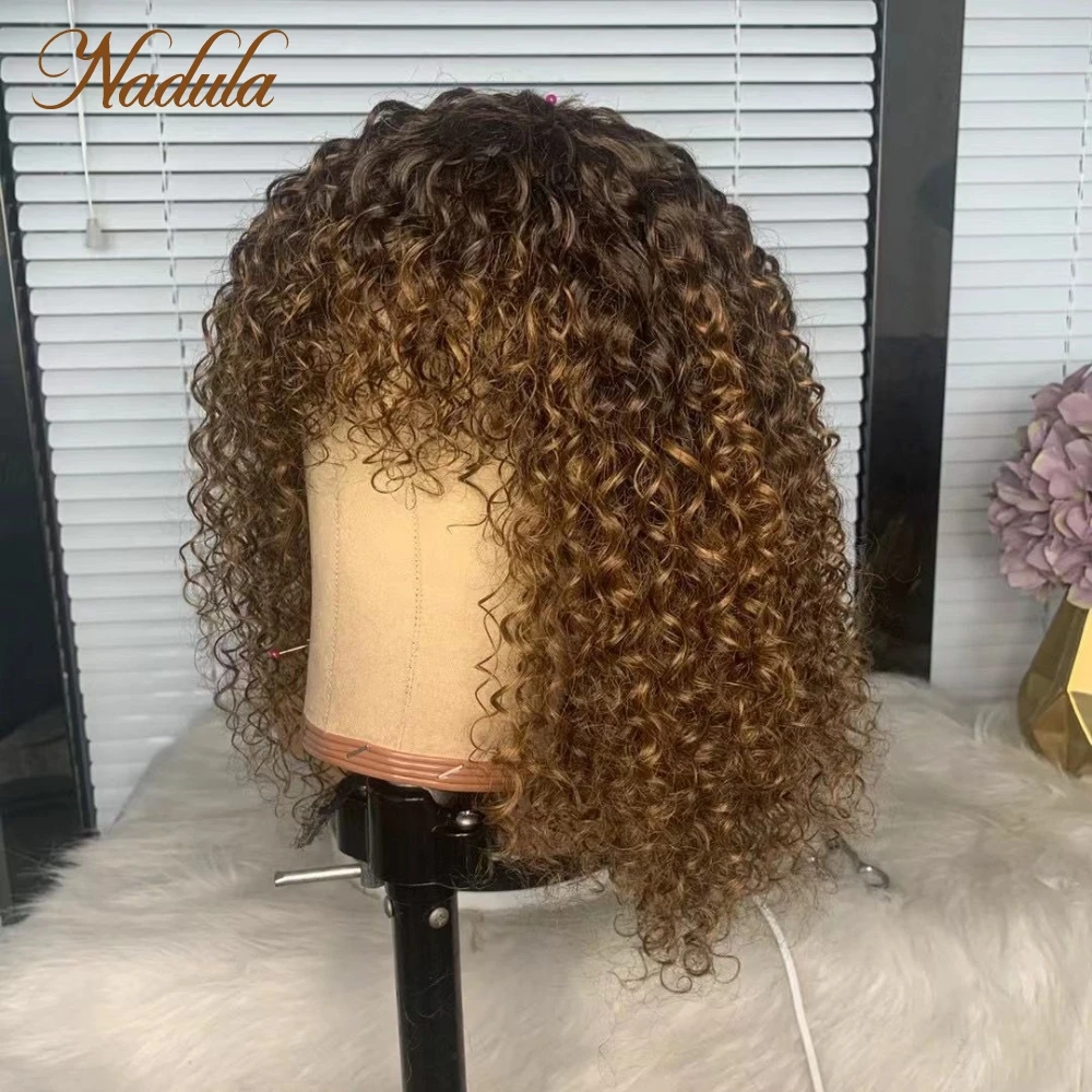 

Nadula Hair Curly Short Bob Wig #4T30 Dark Brown Ombre Human Hair Wig Full Machine Bouncy Ginger Color Glueless Wig With Bangs