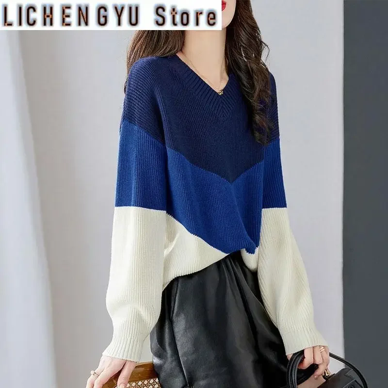 Autumn and Winter Fashion Trend Color Matching V-neck Loose and Versatile Foreign Style Slimming Women's Knitted Sweater