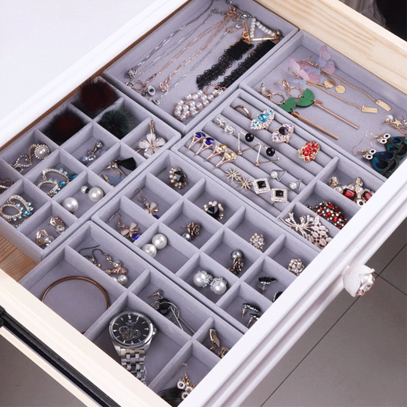 Velvet Jewelry Display Tray Case Hot Sales Stackable Exquisite Jewellery Holder Portable Ring Earrings Necklace Organizer Box gray velvet jewelry display tray stackable necklace organizer display for showcase display bracelet ring jewelry empty plate