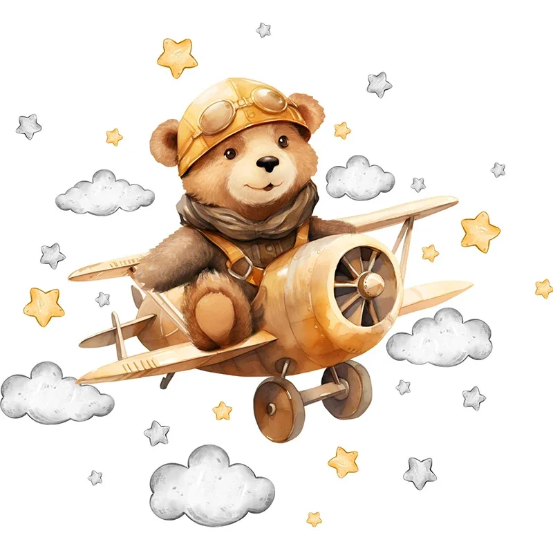 Cartoon Bear Pilot Flying Airplane Stars Clouds Wall Stickers for Kids Room Children Bedroom Playroom Nursery Decoration Decal