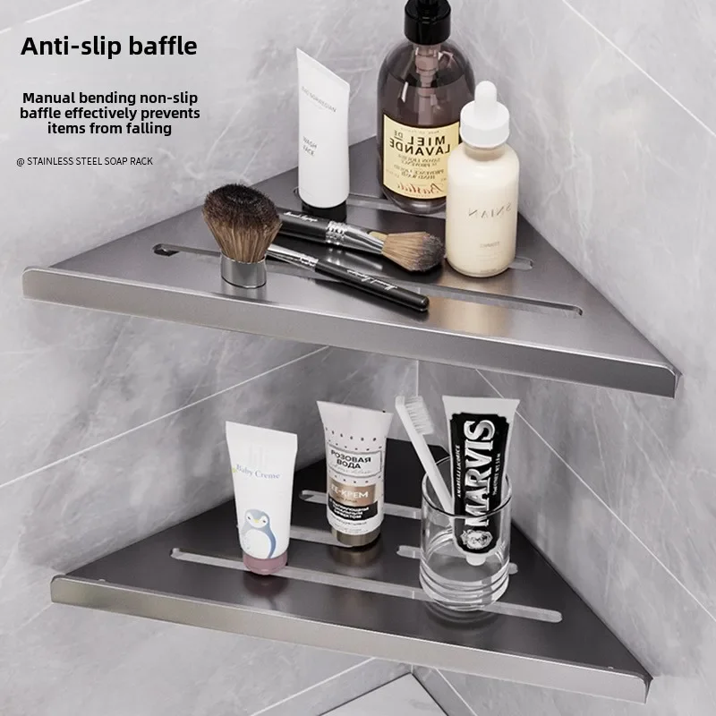 Bathroom Storage Shelf Bathroom Triangle Drain Shelf No Drilling Wall Mounted Cosmetic and Toiletries Hollow Carbon Steel Shelf with Hooks