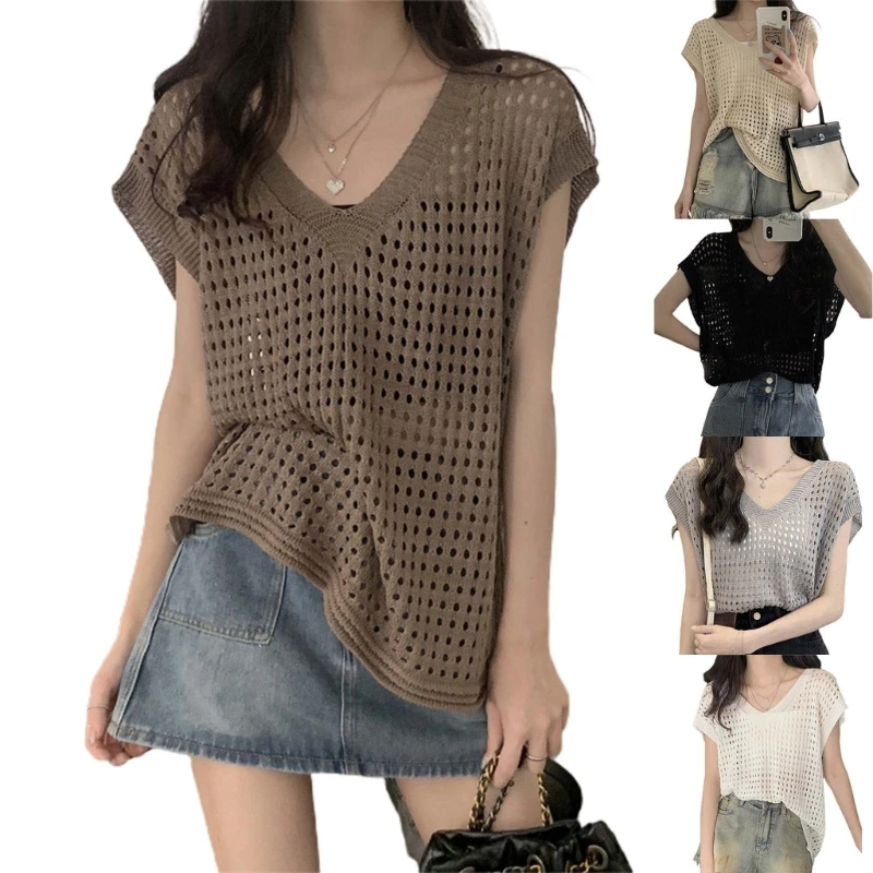 

Women Loose Sleeveless Vest Summer V Neck Hollows Out Vest Casual Crochet Tops Sexy Solid Color Summer Sweater Dropship