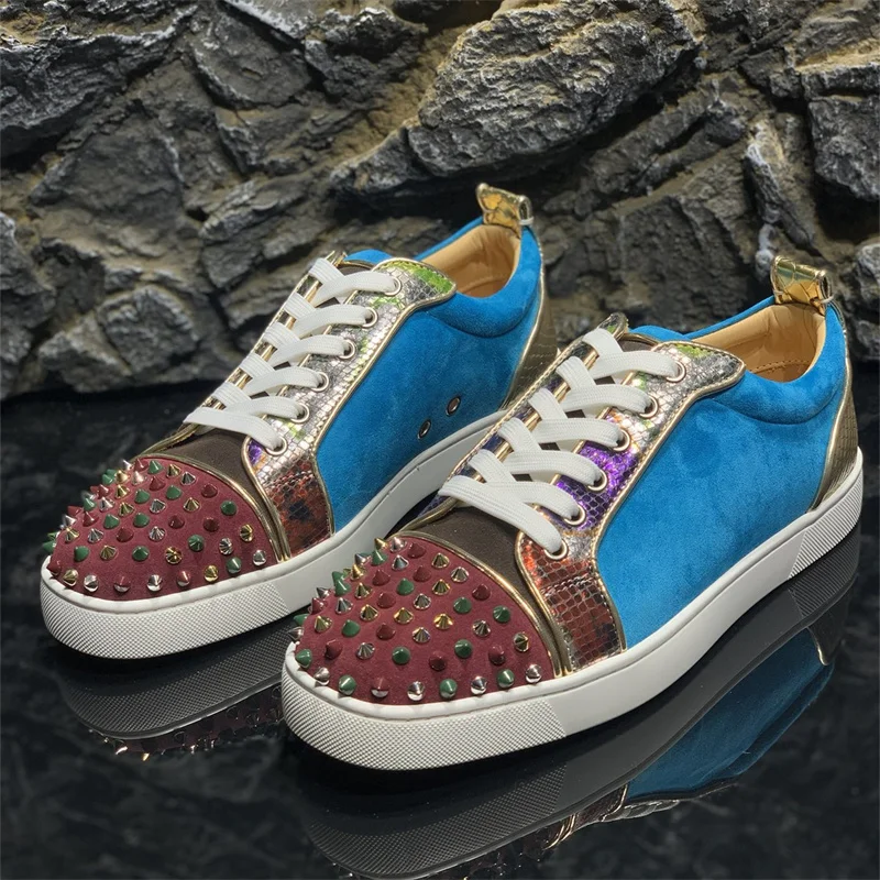 

Fashion Luxury Red Bottoms Low Top Multicolor Rivet Blue Upper Male Shoes For Men's Casual Flats Loafers Women's Spikes Sneakers