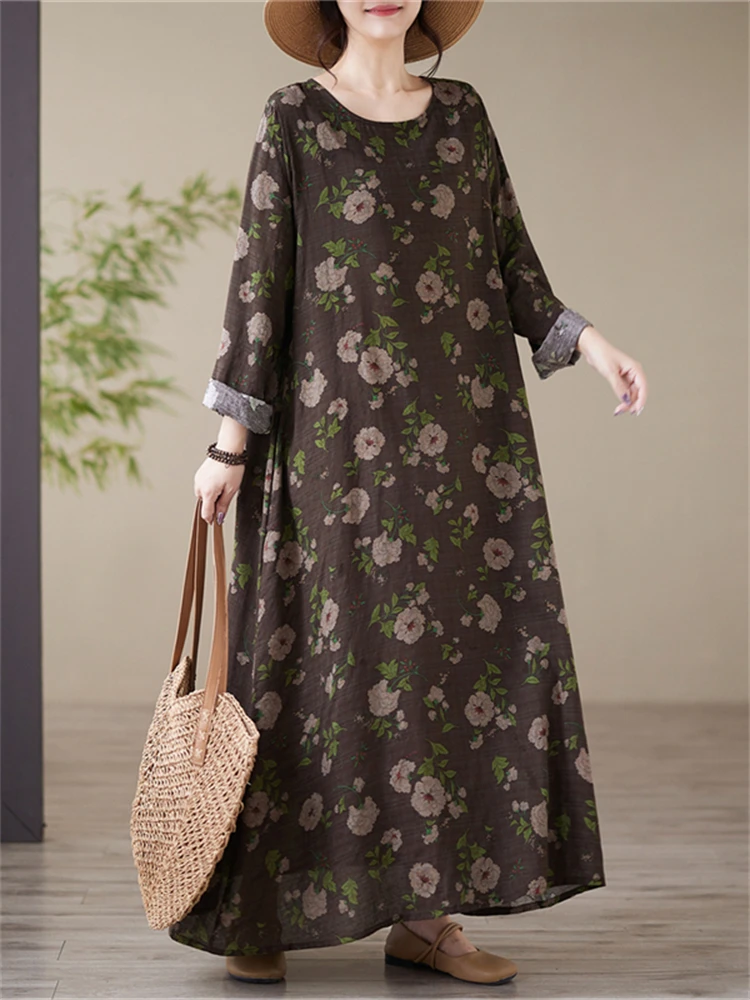 Cotton Vintage Print Long Sleeve Dress Women Autumn Casual Loose Dresses Office Lady Work Femme Robe Vestidos Elegant Clothing