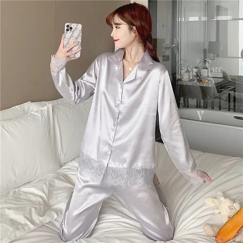Spring Autumn Pajamas Female Lace Edge Long Sleeve Princess Can Wear Cardigan Outside Ice Silk Two-piece Set Loungewear Set