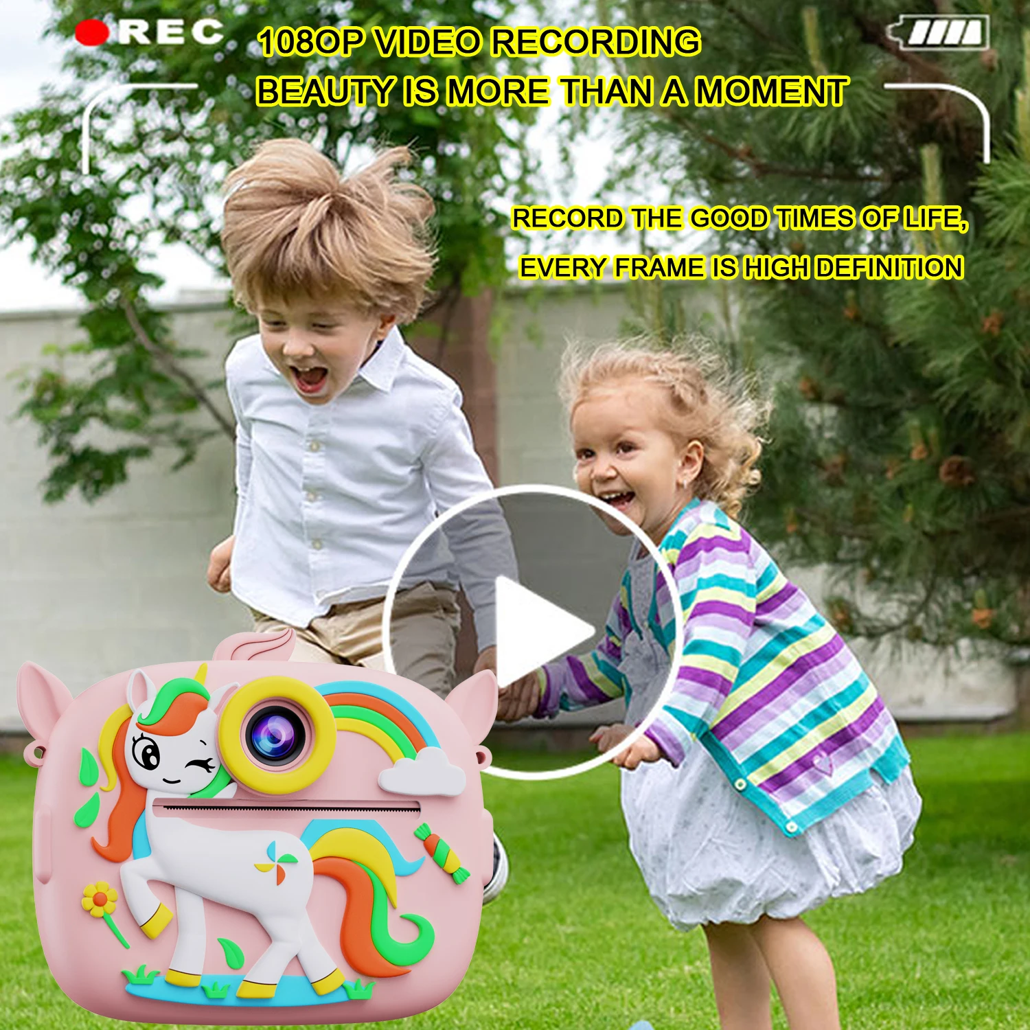 Kids Instant Print Camera1080P HD Dual Cameras Cute Little Dinosaur Shape Digital Camera Thermal Print for Boys Girls Gift