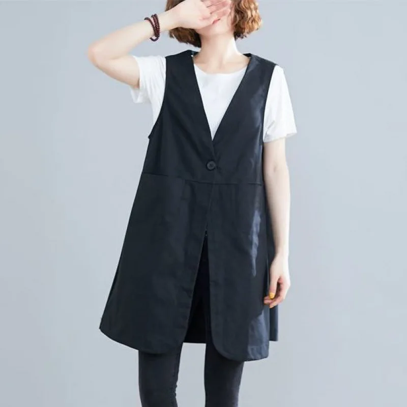 Cotton Women's Mid-length Vest Coat Sleeveless Tops Cardigan Korean Fashion Free Shipping Wholesale Plus Size Loose New