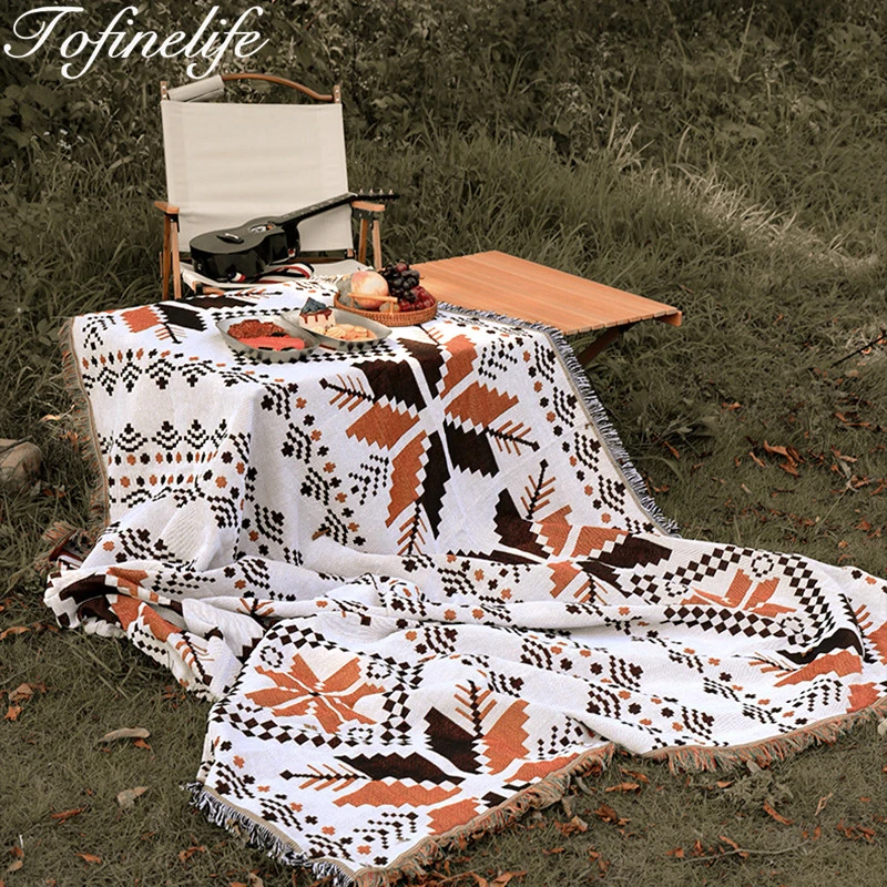 Bohemian Ethnic Picnic Blanket With Tassel Throw Sofa Blankets For Bed