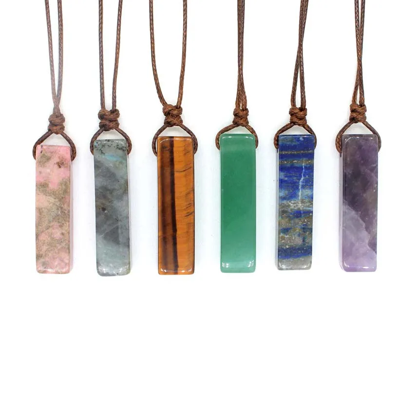 Crystal Cuboid Stone Pendant Natural Amethyst Lapis Lazuli Rose Quartz Stone Pendant Adjustable Rope Women Necklace Jewelry 2