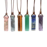 Crystal Cuboid Stone Pendant Natural Amethyst Lapis Lazuli Rose Quartz Stone Pendant Adjustable Rope Women Necklace Jewelry 2