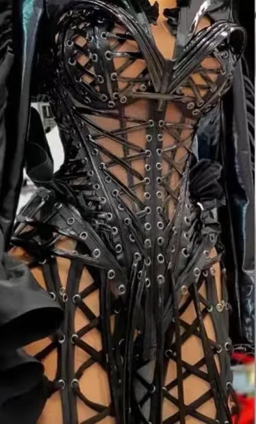 Concave design niche alternative heavy work rivet punk strap hollowed out bodysuit