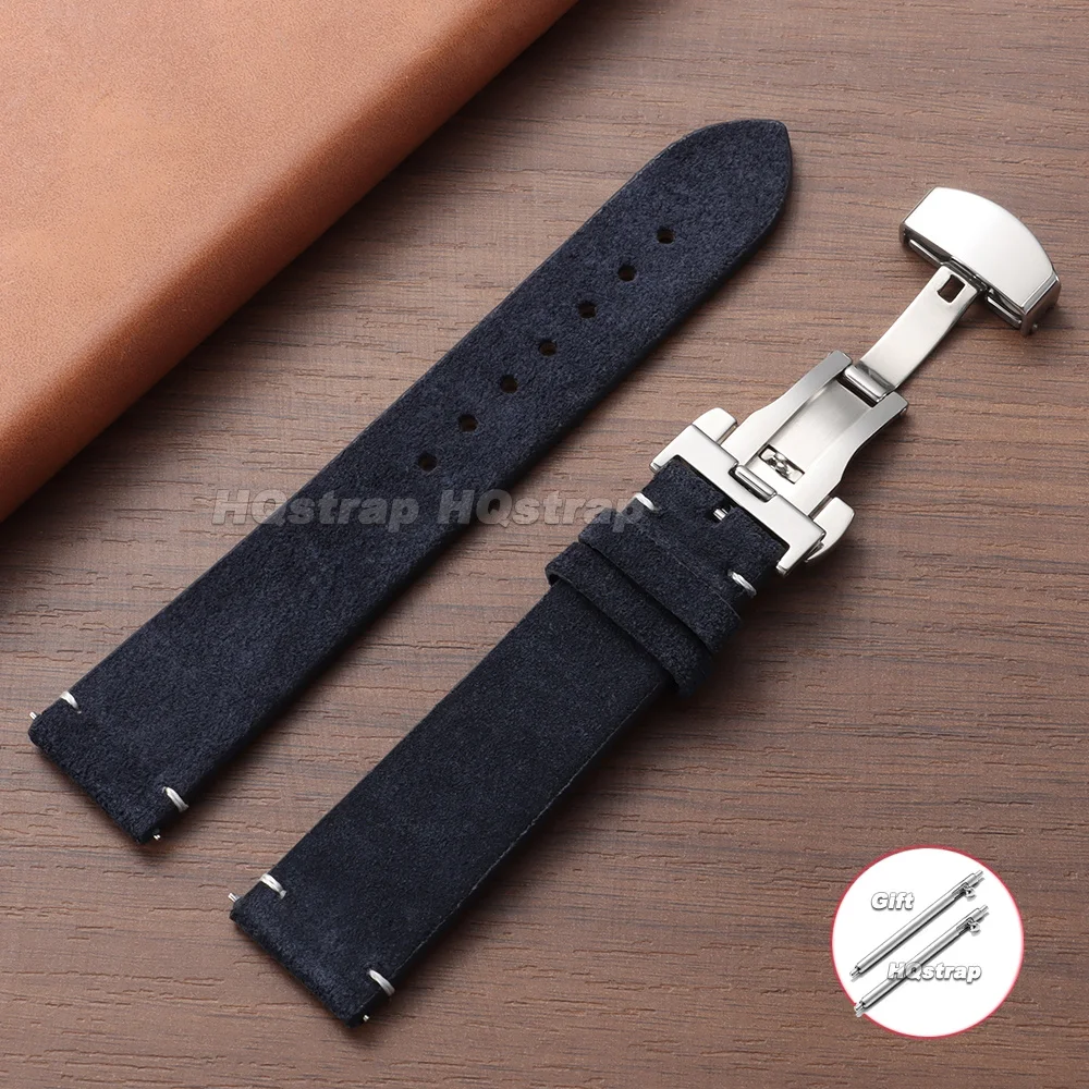Vintage Suede Leather Watch Strap with Butterfly Buckle