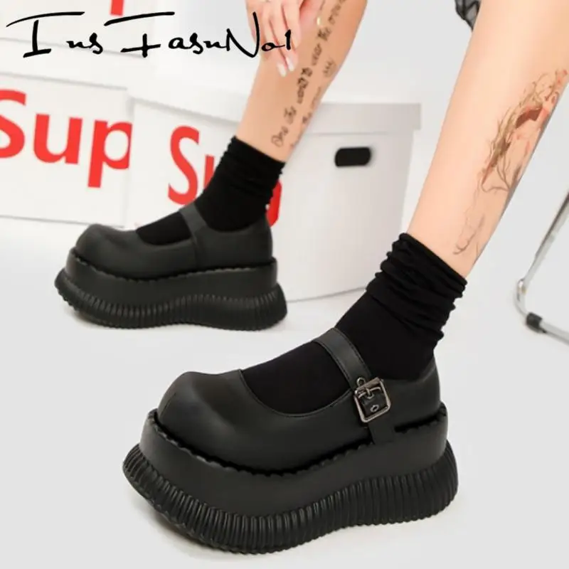 

Round Toe Mary Janes Thick Bottom Platform Chunky Heels Women Pumps Shallow Buckle Strap Solid Color Gothic Street Ladies Shoes