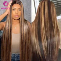 Perruque Lace Front Wig naturelle lisse, cheveux humains, blond miel ombré 4/27, reflets 5x5 13x4, pre-plucked, avec Baby Hair 4