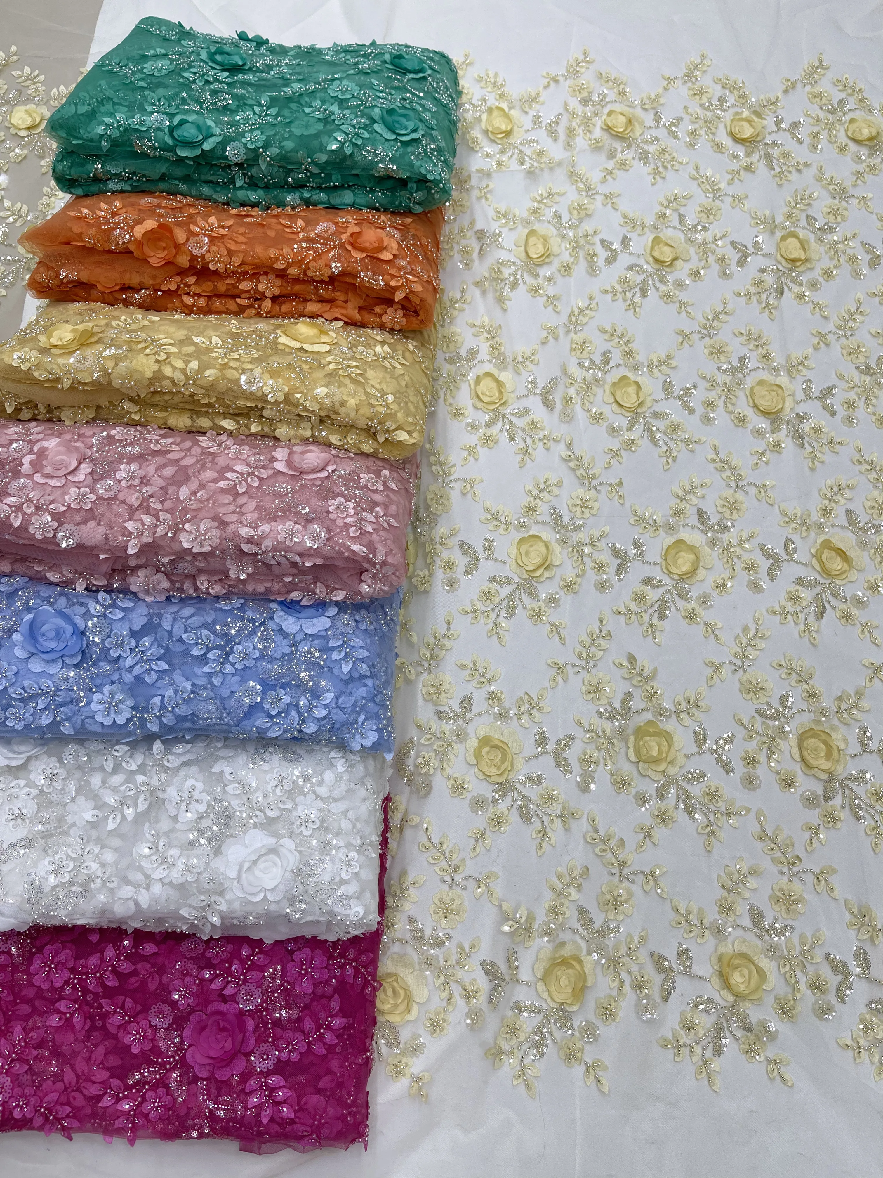 Yellow African 3D Lace Fabric 5 Yards High Quality With Beads Embroidered French Nigerian Sequins Lace Fabric For Wedding