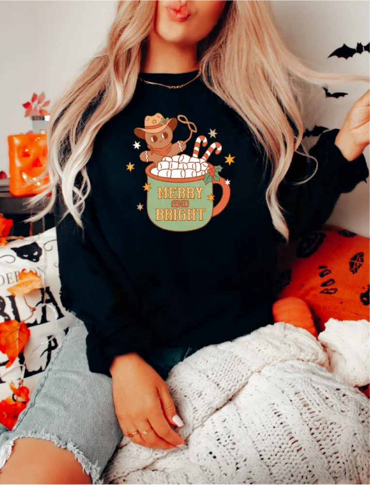 Western Merry and Bright Sweatshirt Christmas Party Pullover Shirt Trendy Crewneck Funny Winter Clothes Women