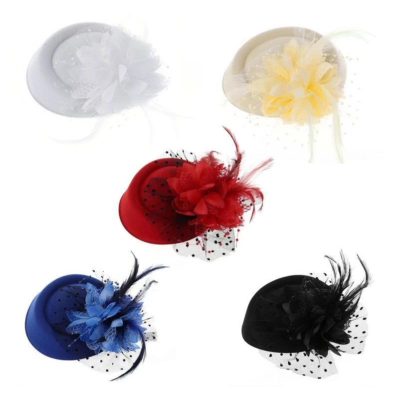 

Women Fascinator Hat 20s Vintage Solid Color Pillbox Flower Mesh Veil Wedding Tea Party Headwear