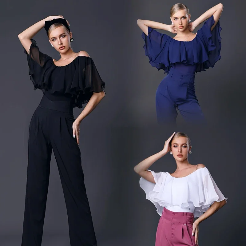 

2023 Ruffled Floating Sleeves Modern Dancing Top Women Latin Dance Top Waltz Ballroom Dance Competition Tops Practice Wear 9119