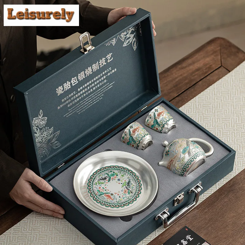 Gilded Silver Fish Algae Pattern Tea Set Complete Set Luxury Tea Ceremony Set Household Teapot and Tea Cup Set Teaset Ornaments