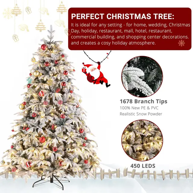 7ft Pre-lit Artificial Christmas Tree Snow Flocked Full Prelighted Xmas Tree with 1687 Branch Tips,450 LED Light 8 Modes 2