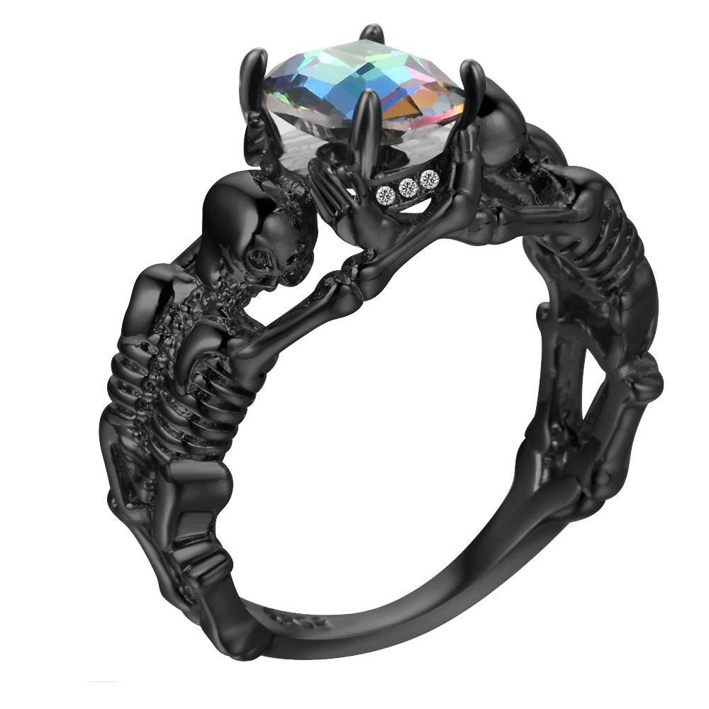 UFOORO Ghost Evil Skull Skeleton Ring Black Stone Punk Men Engagement Ring 5-12 Royal Blue Black Pink Green Men Jewelry