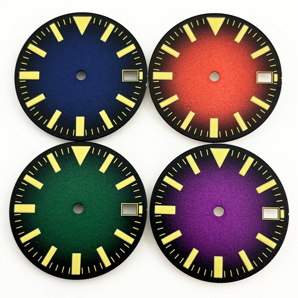 NH35 28.5mm Dial Sterile Blue/Red/Green/Purple Watch Dial Green Luminous Fit NH35 Automatic Movement Watch Assembly Parts