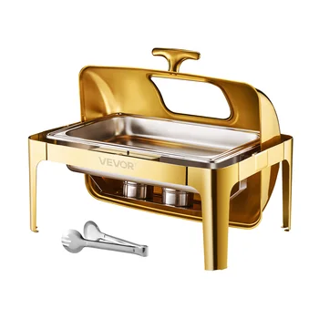 SucceBuy 9Qt Roll Top Chafing Dish Buffet Stainless Steel Chafer with Full Size Pan Visible Lid Rectangle Catering Warmer Server 1