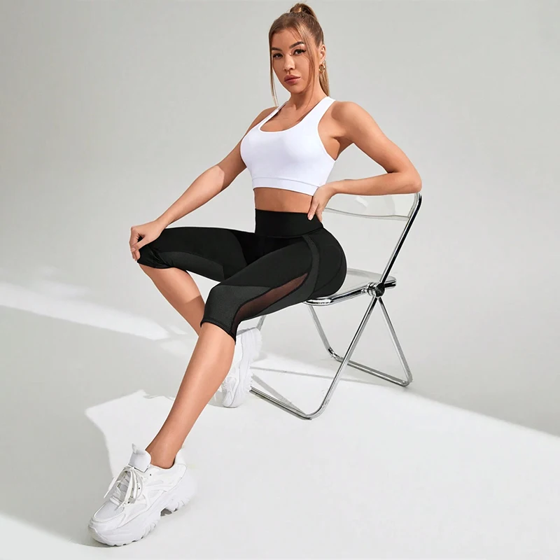 Mesh High Waist Yoga Pants Capri Leggings with Pockets for Women Tummy Control Workout Capri Leggings for Women sports leggings yoga pants