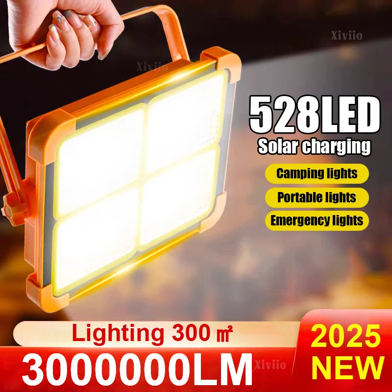 528LED Solar Charging Flood Light IP66 Waterproof Portable Tent Camping Light Power Bank 10000mAh For Outdoor Emergency Lighting