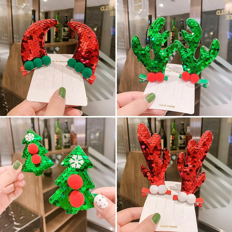 2pcs Sequins Children's Christmas Hair Accessories Antlers Stereo Hair Clips Cute Girls Hairpin Christmas Hair Accessories Gifts